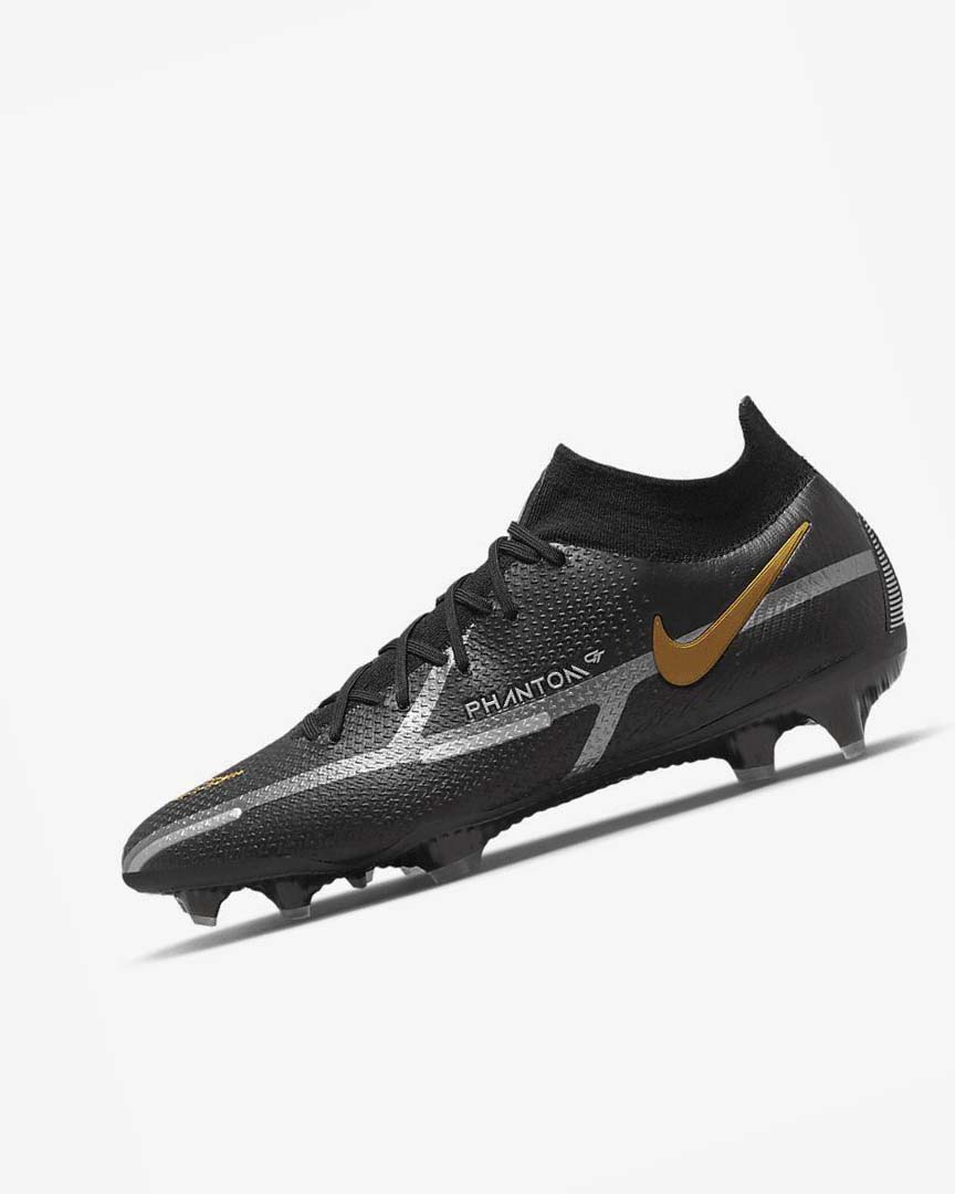 Black / Metal Gold / Metal Silver / Metal Dark Grey Nike Phantom GT2 Dynamic Fit Elite FG Men\'s Soccer Cleats | CA_3121