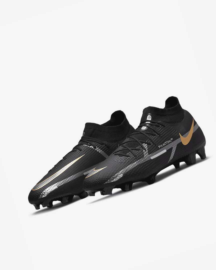 Black / Metal Gold / Metal Silver / Metal Dark Grey Nike Phantom GT2 Pro Dynamic Fit FG Men's Soccer Cleats | CA_5538