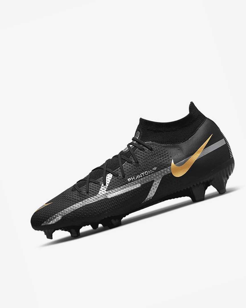 Black / Metal Gold / Metal Silver / Metal Dark Grey Nike Phantom GT2 Pro Dynamic Fit FG Men\'s Soccer Cleats | CA_5538