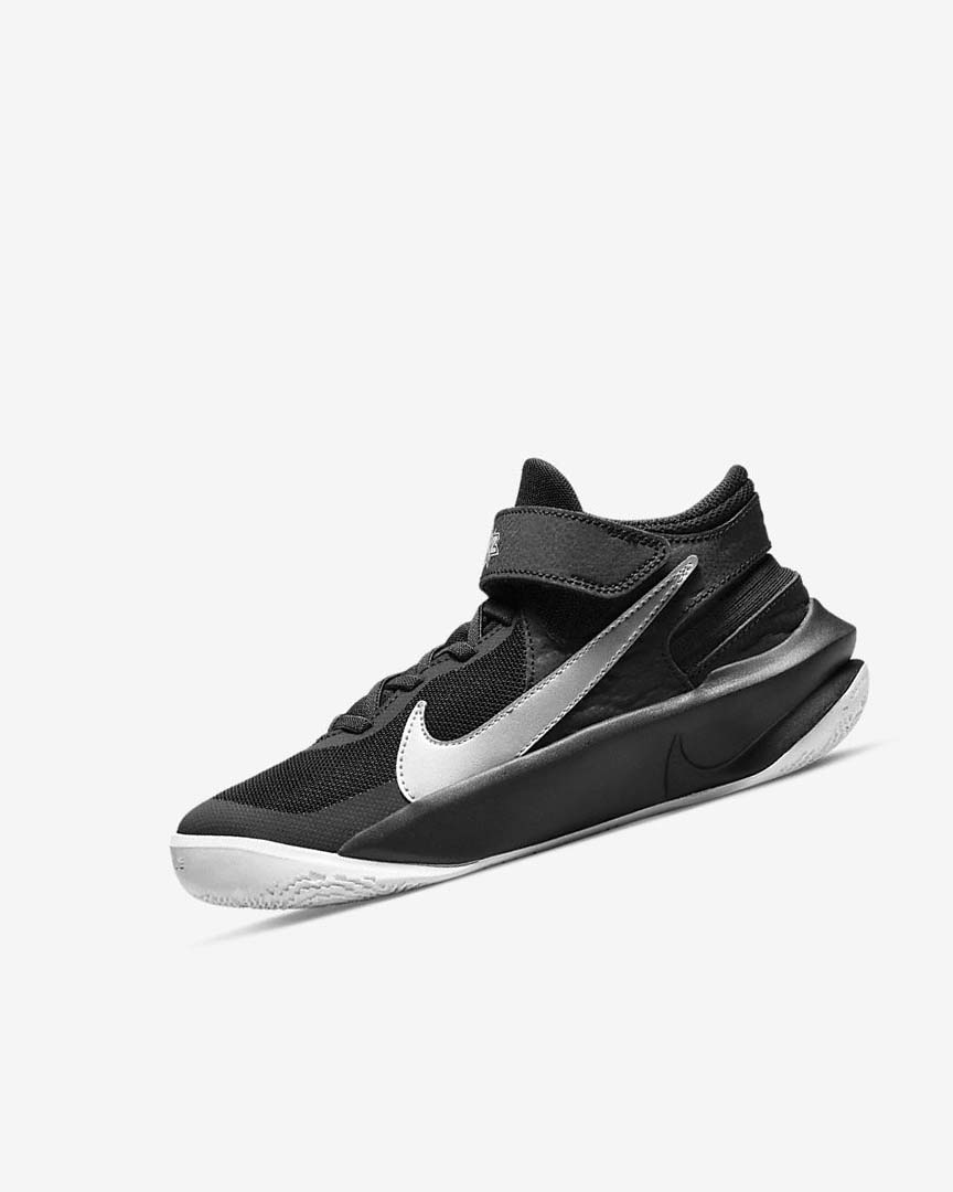 Black / White / Metal Silver Nike Team Hustle D 10 FlyEase Boys\' Basketball Shoes | CA_2770