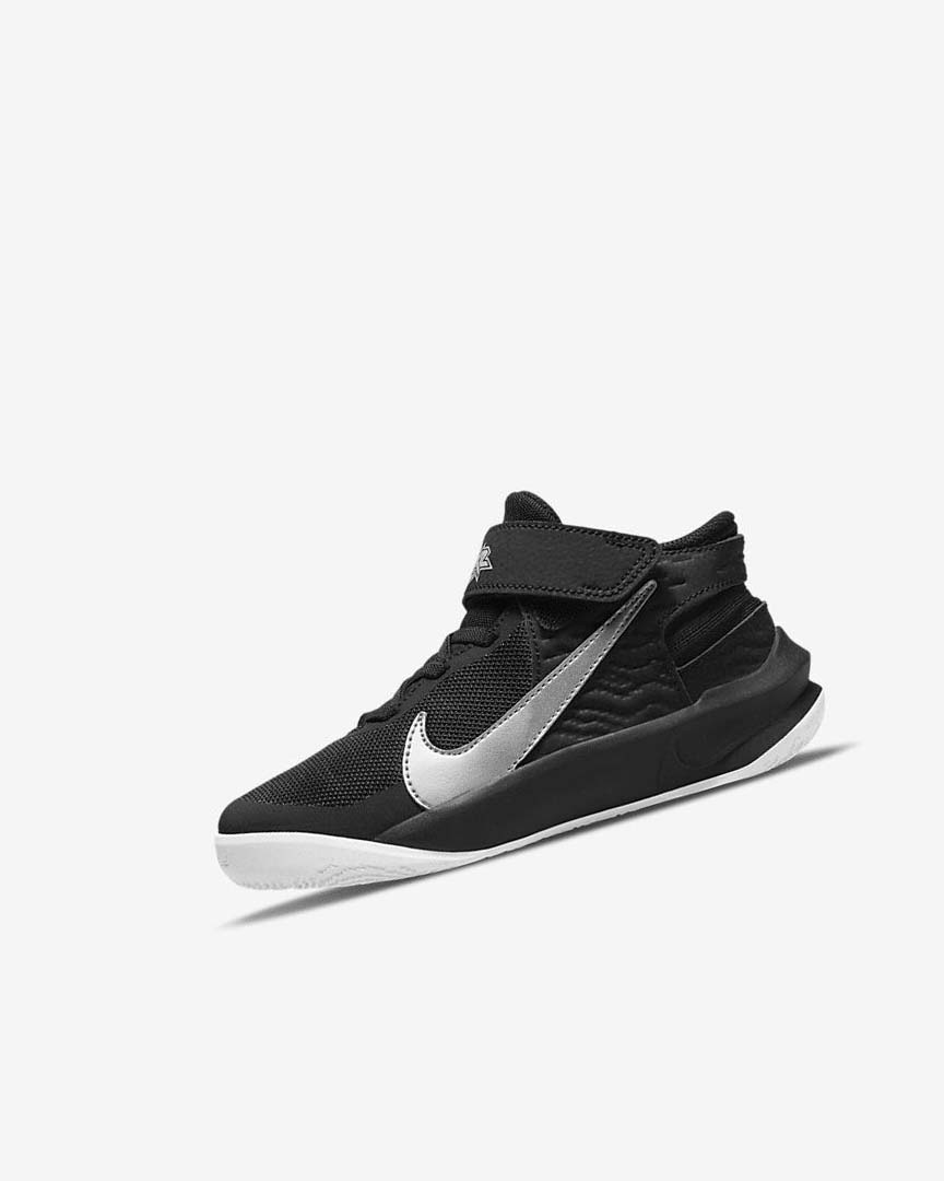 Black / White / Metal Silver Nike Team Hustle D 10 FlyEase Boys\' Basketball Shoes | CA_3200