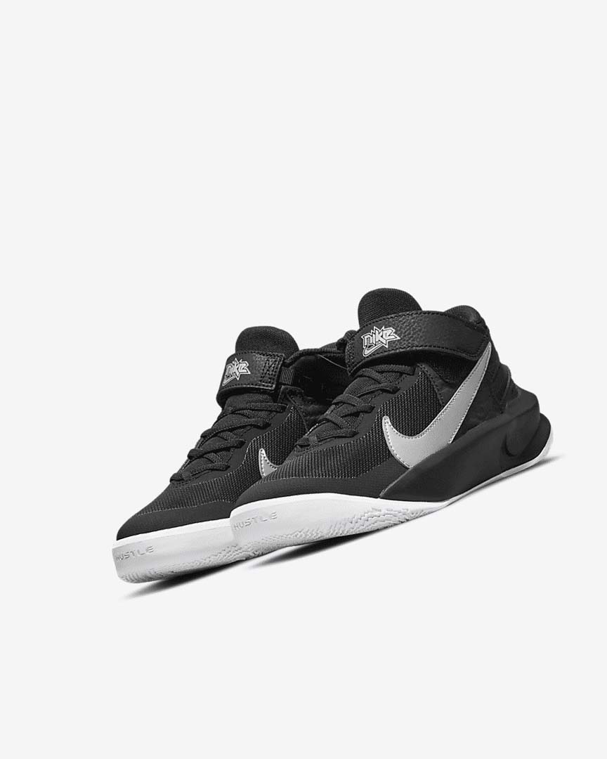 Black / White / Metal Silver Nike Team Hustle D 10 FlyEase Girls' Basketball Shoes | CA_5189