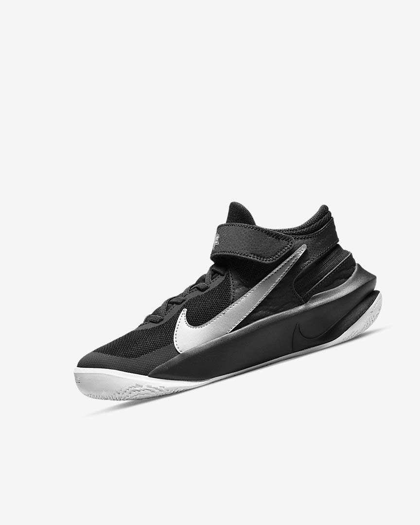 Black / White / Metal Silver Nike Team Hustle D 10 FlyEase Girls\' Basketball Shoes | CA_5189