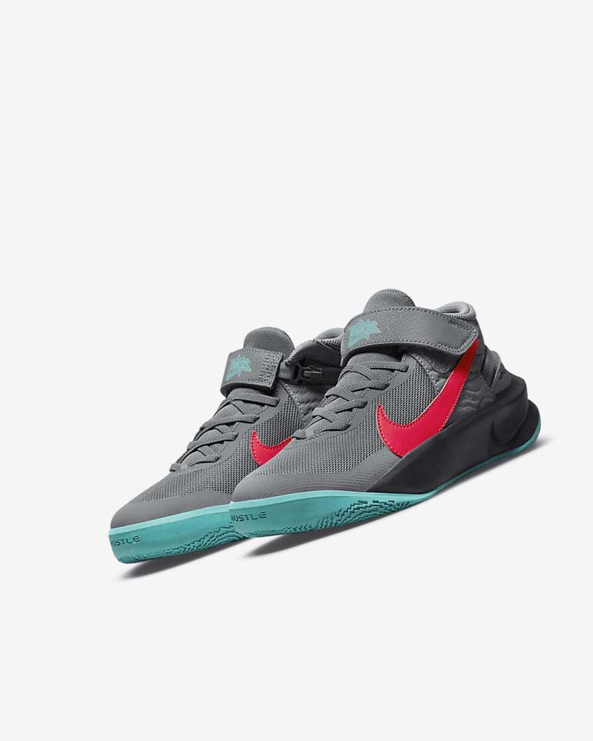 Grey / Dark Grey / Turquoise / Red Nike Team Hustle D 10 FlyEase Girls' Basketball Shoes | CA_2827