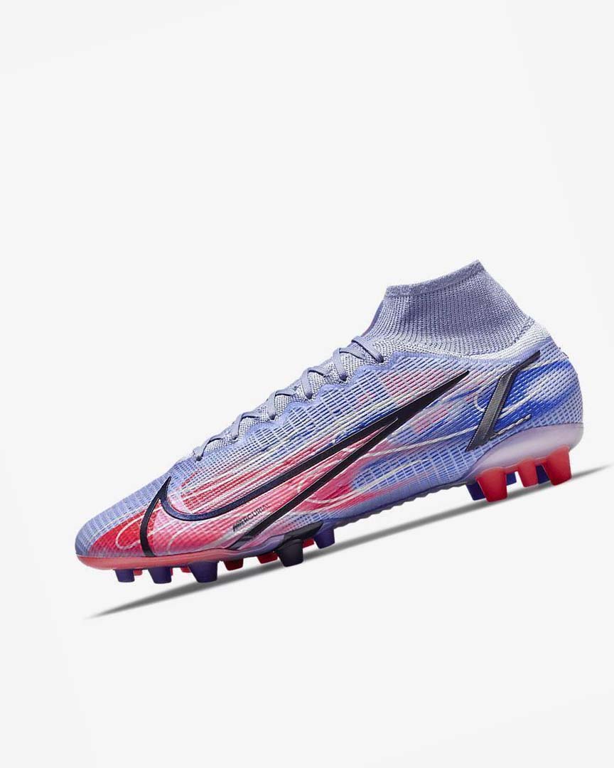 Indigo / Light Red / Metal Silver Nike Mercurial Superfly 8 Elite KM AG Men\'s Soccer Cleats | CA_4882