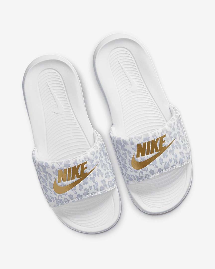 White / Grey / Platinum / Metal Gold Nike Victori One Women's Slides | CA_4613