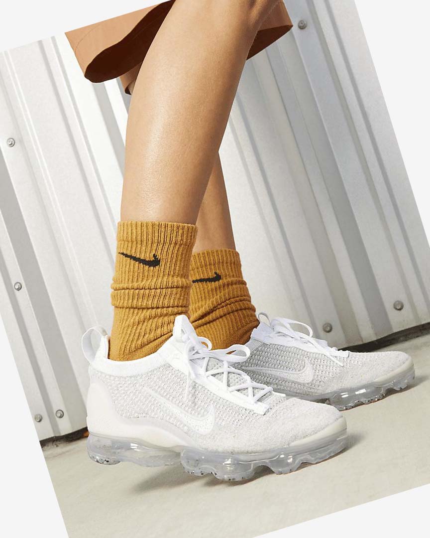 White / Platinum / Metal Silver / White Nike Air VaporMax 2021 FK Women's Sneakers | CA_5479