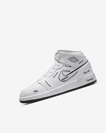 White / Black Nike Air Jordan 1 Mid Boys' Sneakers | CA_4531